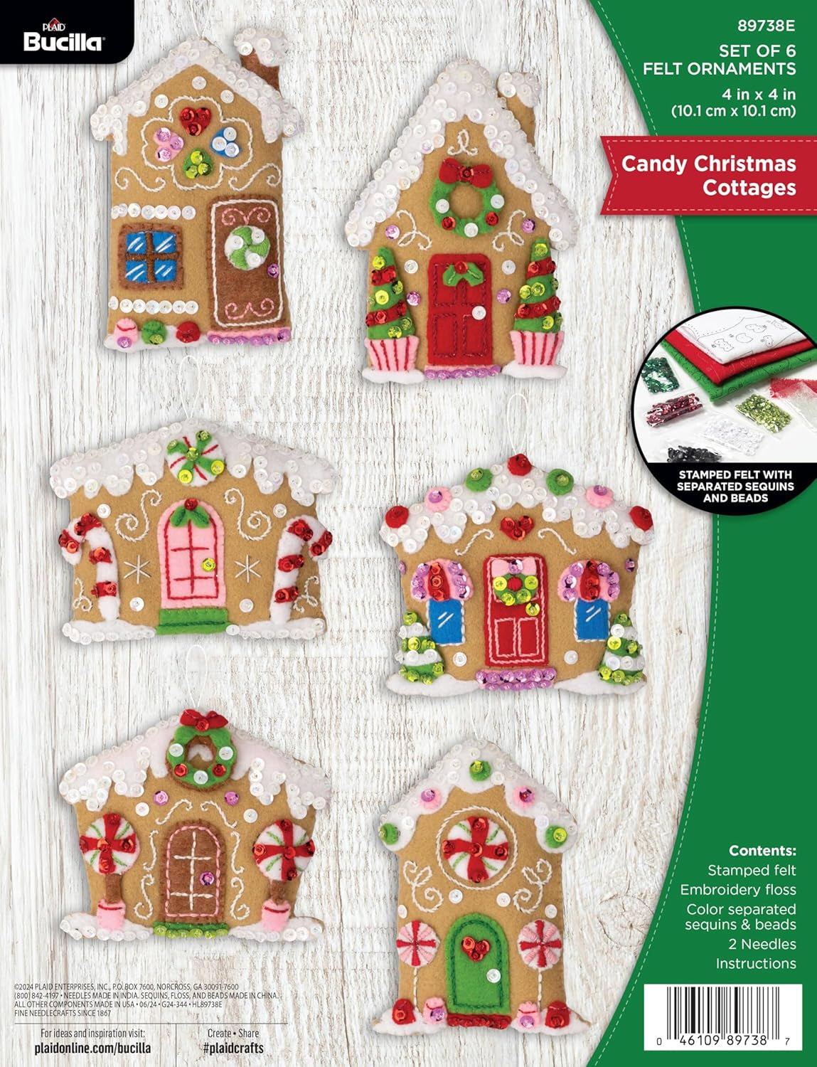 Bucilla, Felt Applique 6 Piece Ornament Making Kit, Candy Christmas Cottages, Perfect for DIY Arts and Crafts