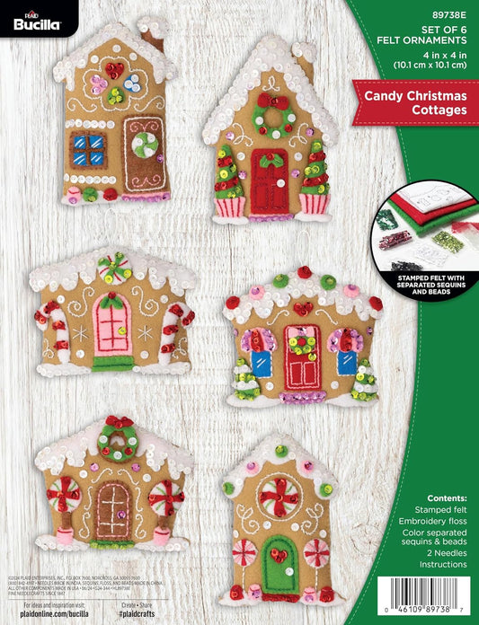 Bucilla Candy Christmas Cottages Felt Applique Ornament Kit, 6 Pieces