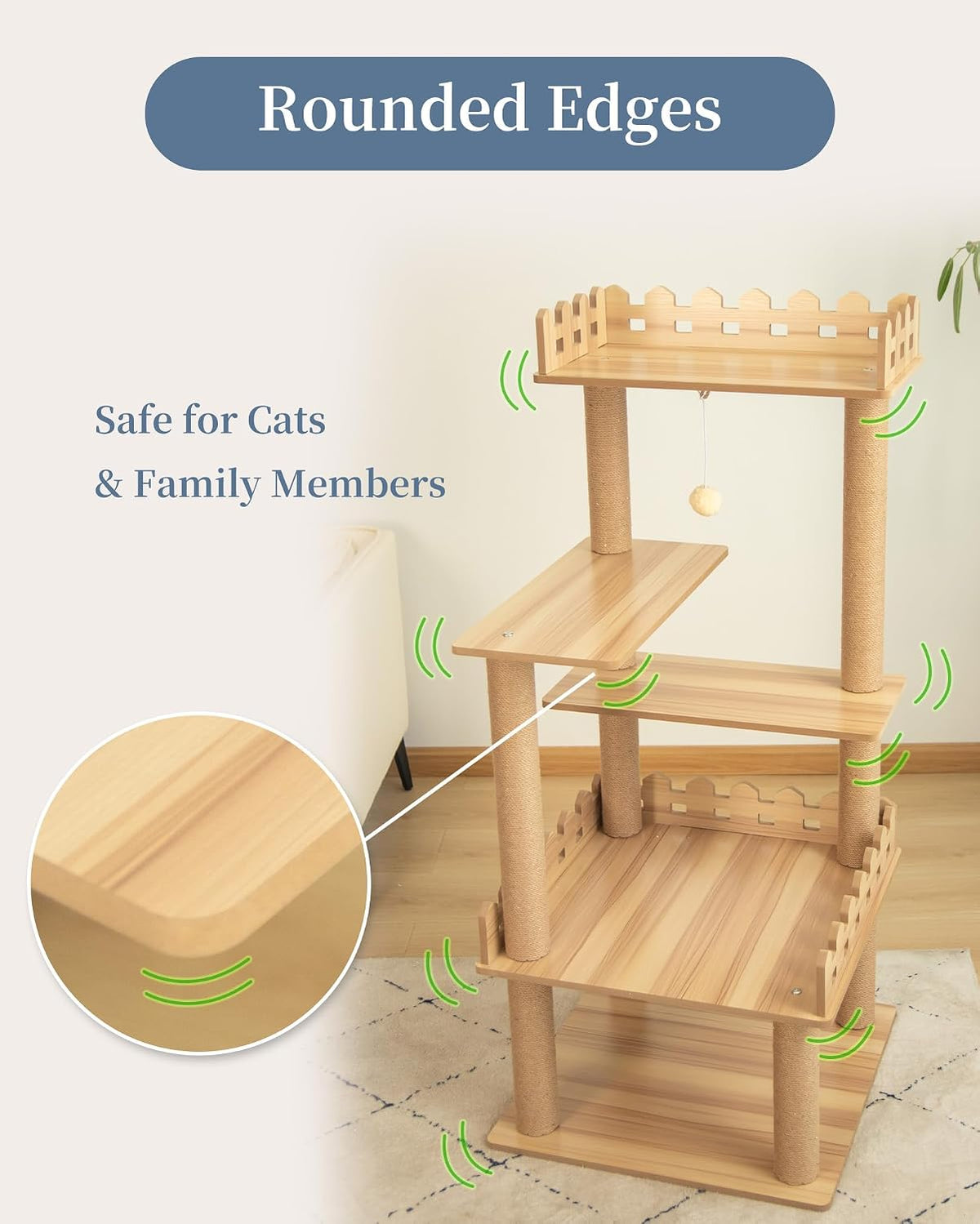 Wood Cat Tree for Indoor Cats, 49 Inch Cats Furniture Tower with Large Platforms, Full Sisal Scratching Posts, Water Proof Surface