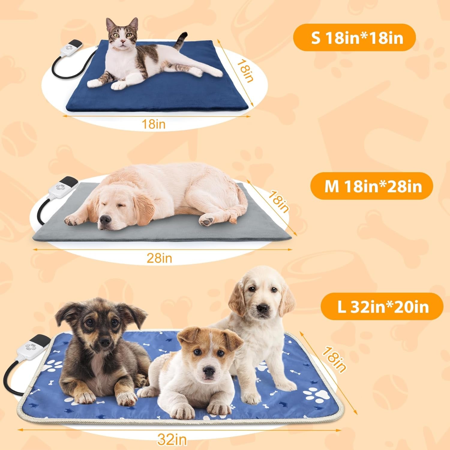 Dog Heating Pad 32"*18" for Outdoor Cat, Heated Dog Bed with Adjustable Temperature & Timer, Indoor Warming Waterproof Pet Heating Pad Mat with Chew Resistant Cord, Replacement Cover for Puppy Kitten