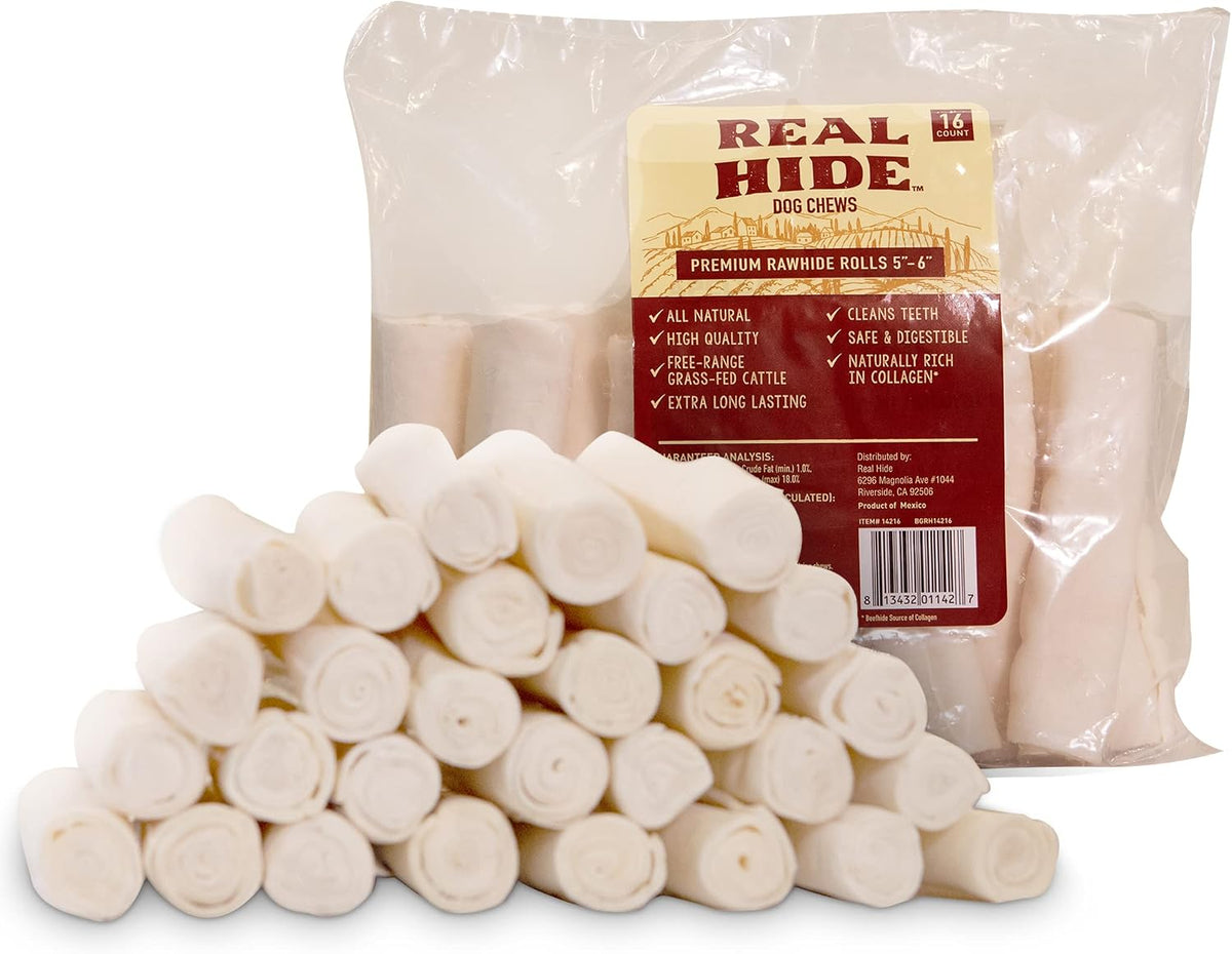 Real Hide Natural Premium Rawhide Roll Chews for Dogs, 5-6 In, 16 Count