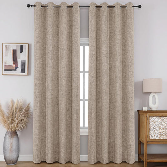 CUCRAF 100% Blackout Window Curtains 84 Inches Long 2 Panels Set, Faux Linen Look Thermal Insulated Grommet Drapes, Room Darkening Curtain for Bedroom Living Room(W52 X L84 Inch, Light Khaki)