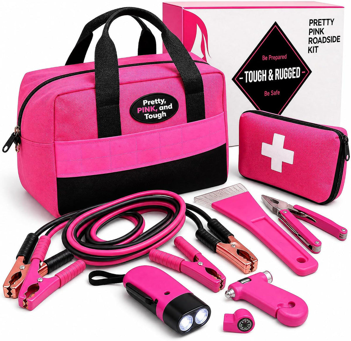 Pretty Pink Roadside Emergency Kit for Women & Teen Girls - Heavy-Duty Jumper Cables, First Aid Kit, Safety Tools, Flashlight, Ice Scraper - Complete Car Safety Bag