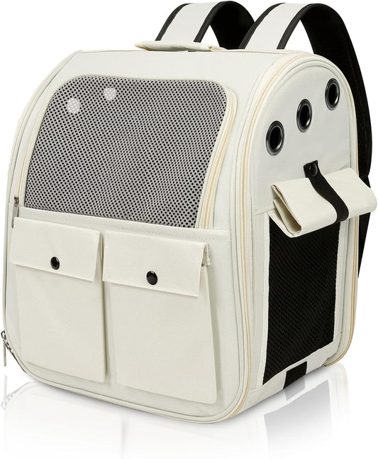 Airline Approved Cat Carrier Backpack - Ventilated Breathable Mesh for Small Dogs & Cats (15Lbs), Soft Sided Dog Backpack for Hiking, Camping, Travel & Vet Visits with Padded Straps (White)