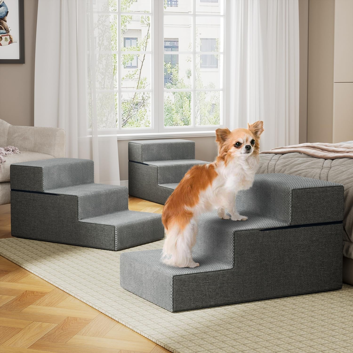 YENING Large Dog Stairs for High Beds - Extra Wide Pet Steps for Large Dogs to Get on Tall Bed 3 Deep Step Cat Ramp for Couch