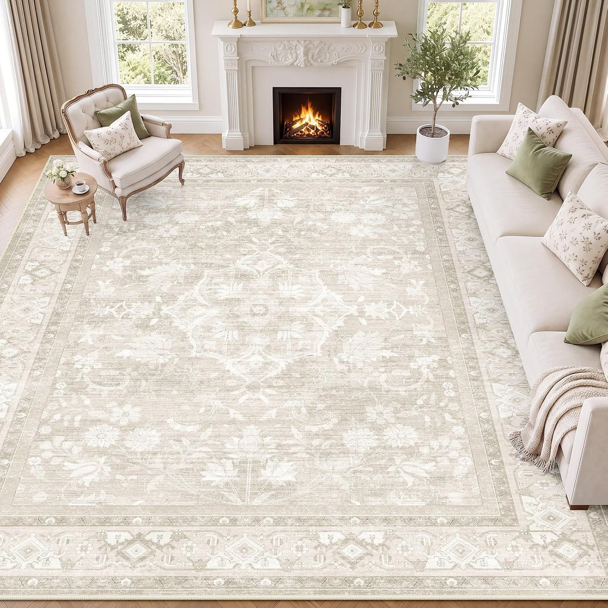 Samebed 8X10 Area Rug Living Room, Vintage Neutral Washable Carpet Beige