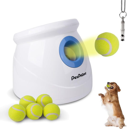 Pet Prime Automatic Ball Launcher for Large Dogs，Adjustable 10-40Ft Distance,Rechargeable Dog Ball Thrower with 6 Tennis Balls(2.5") & Training Whistle,Interactive Toy for Indoor/Outdoor Play