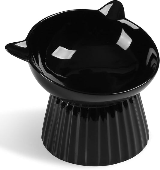 Ceramic Raised Cat Bowl，Tilted Raised Bowl anti Vomit for Indoor Cats Whisker Friendly Pet Feeder for Cats Puppies, Microwave and Dishwasher Safe (Black)