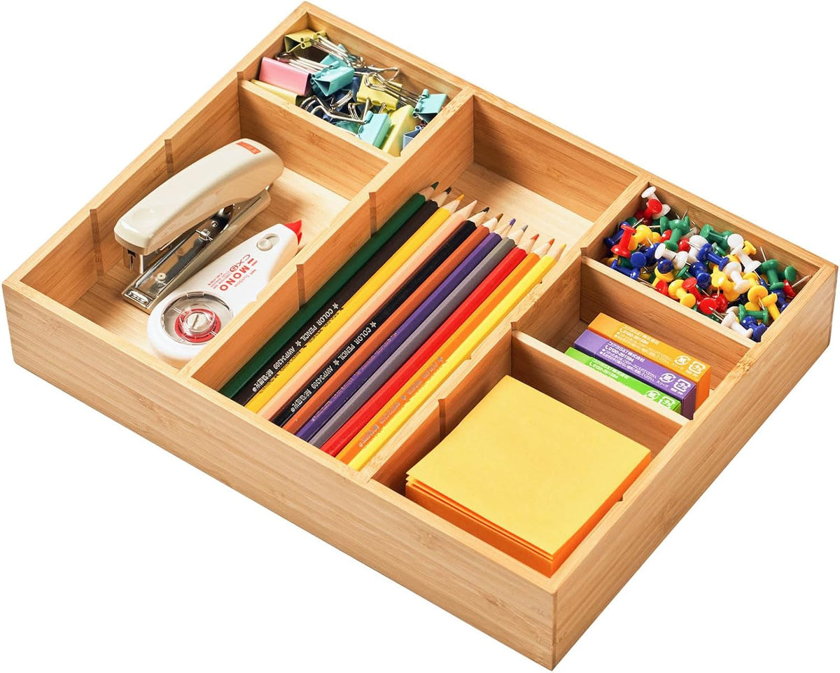 Umilife Bamboo Desk Drawer Organizer, Wood Junk Organizer Tray with Adjustable Dividers, Anti-Skip Storage Organization in Office Bathroom Drawer for Vanity, Makeup, 12" X 9"