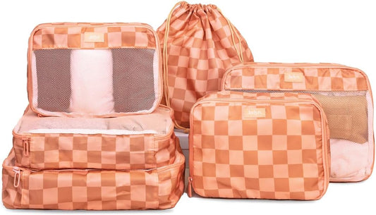 Jadyn Packing Cubes for Travel, 6-Piece Large Packing Cube Organizer Set for Suitcase, Duffel Bag, Luggage, Multiple Sizes Travel Essentials (Terracotta Check)