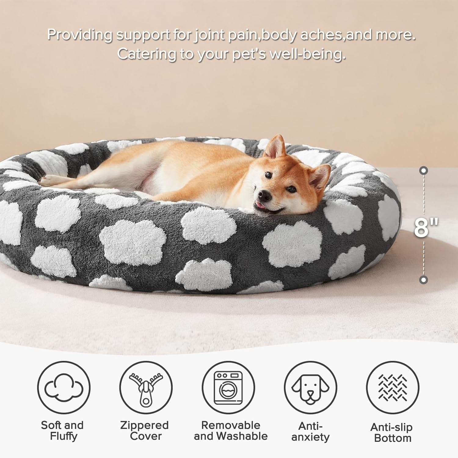 JOEJOY Donut Dog Bed Medium Size Dog, Cute round Calming Pet Bed with Removable Washable Cover, Orthopedic Puppy Bed with Jacquard Shaggy Plush & Non Skid Bottom