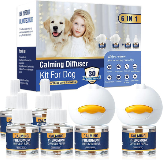 Dog Calming Pheromones Diffuser 6 in 1 Kit Appeasing Pheromone Diffuser to Calm (2 Plug In+4 X48Ml Refill) for Anxiety Relief Reduce Aggression Fighting Barking Stress 120 Day Supply(Tasteless)