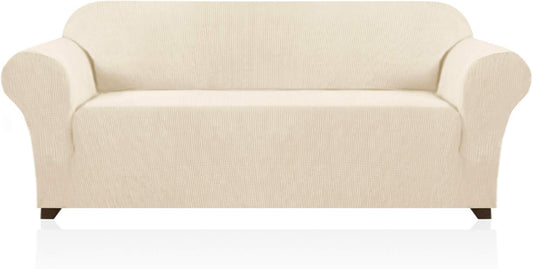 Princedeco Stretch Couch Covers for 3 Cushion Sofa, 1-Piece Spandex Jacquard Fabric Sofa Slipcover,Non Slip Universal Sofa Cover, Pet Dog Cat Proof Furniture Protector(Sofa 74" - 88", Biscotti Beige)