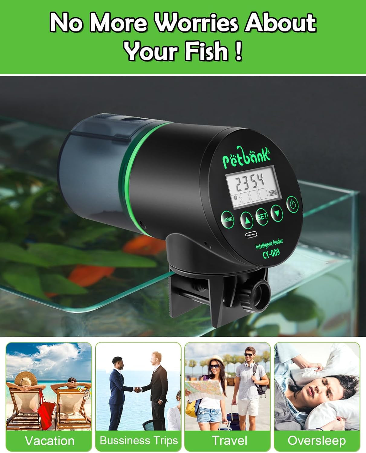 Automatic Fish Feeder - Rechargeable Timer Fish Feeder with USB Charger Cable, Fish Food Dispenser for Aquarium or Fish Tank