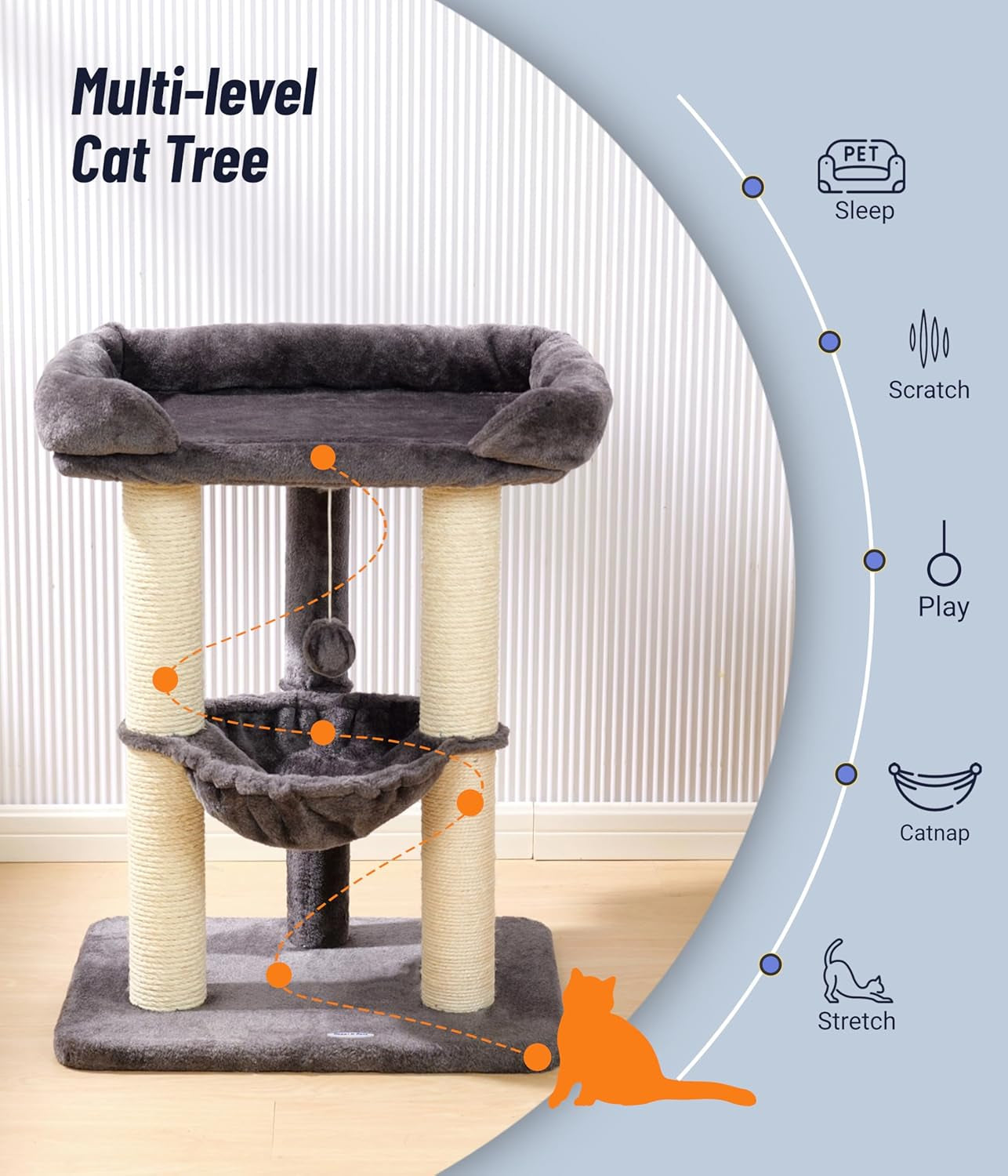 Happi N Pets 28" Cat Tree, Large Bed for Big Cats, Small Cat Tower with Soft Perch for Window Viewing, Stable Cat Tree Tower, Cat Scratching Post with Hammock, Removable Cover-Gray