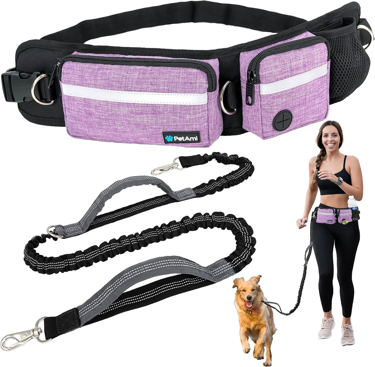Petami Hands Free Dog Leash with Waist Running Belt Bag, Single (Purple)