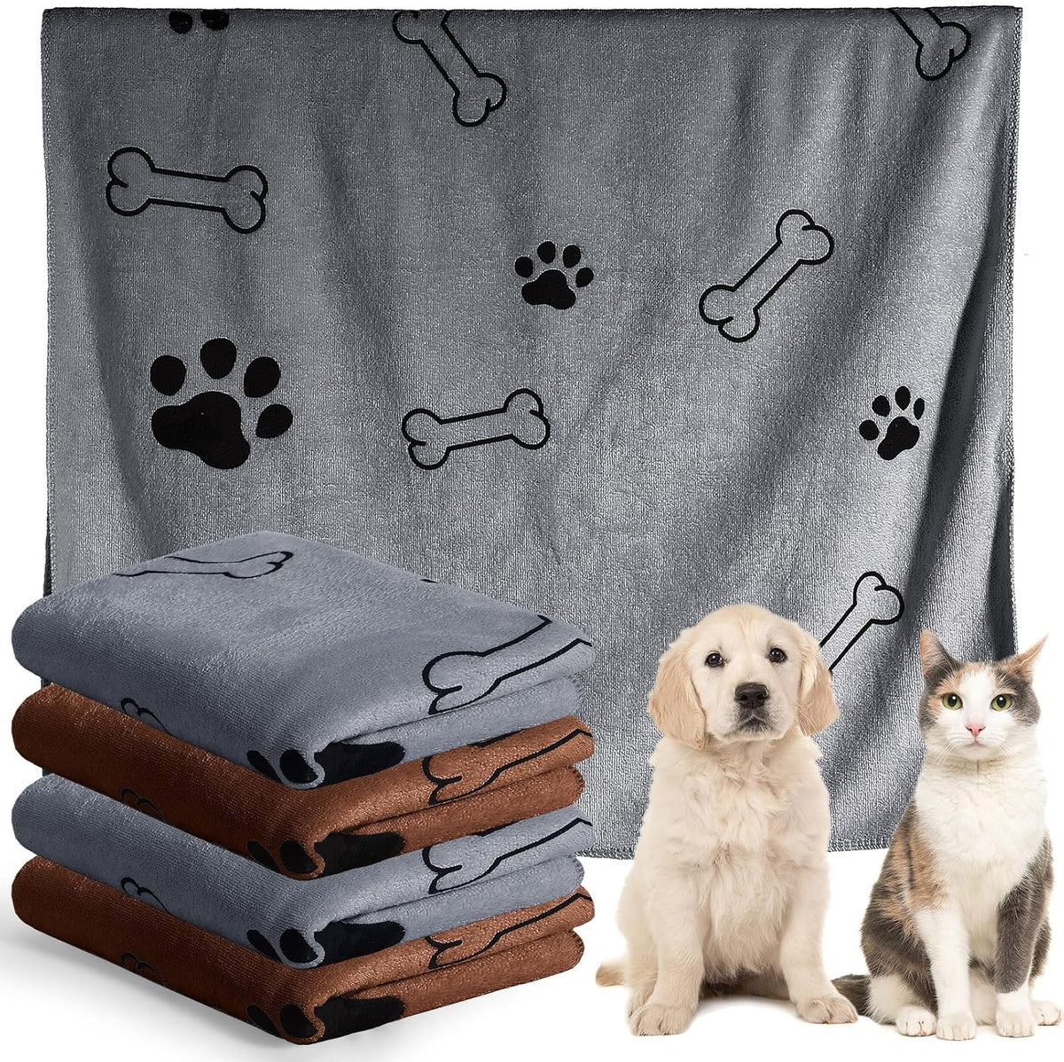Chumia 4 Pcs Dog Towels for Drying Dog Puppy Bulk Microfiber Absorbent Paw Towel Pet Bathing Supplies Quick Drying for Medium Cats Pets Shower(24 X 40 Inch,Gray, Coffee)