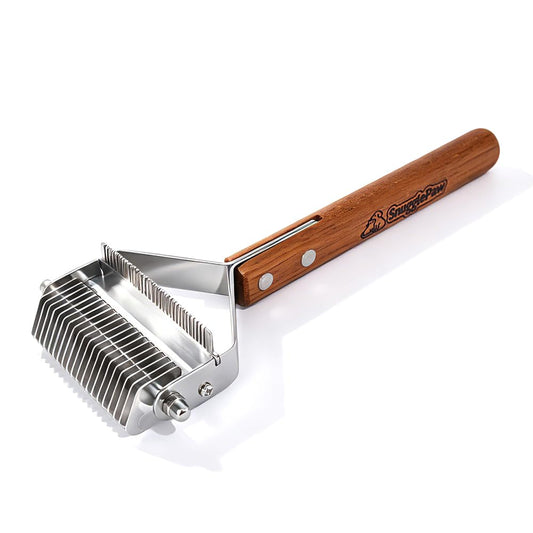 Snugglepaw Pet Deshedding Brush, Stainless Steel Dematting Comb with Wood Handle, Double-Sided Grooming Tool for Dogs and Cats