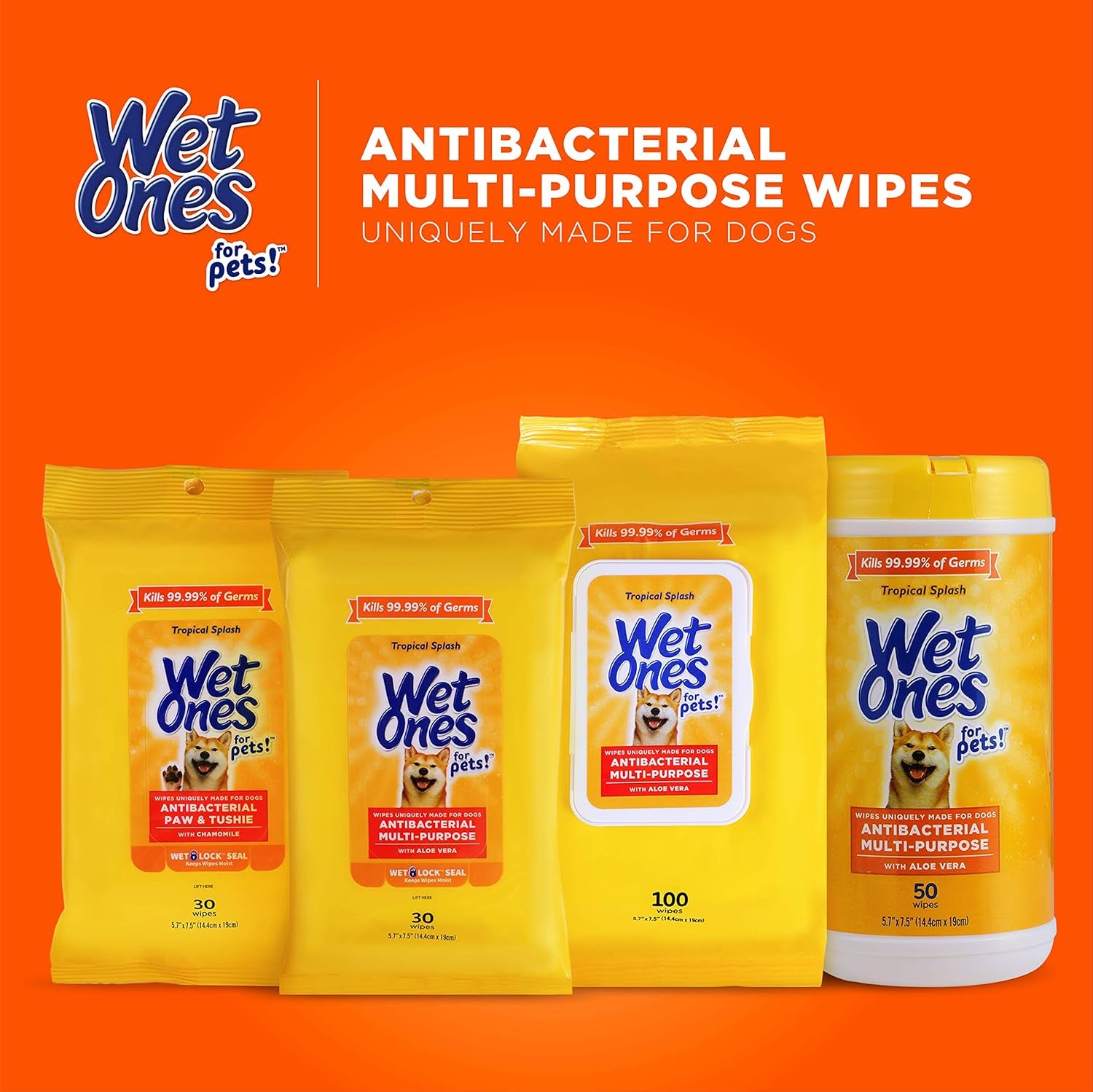 Wet Ones for Pets Antibacterial Dog Wipes, Multi-Purpose Grooming Wipes with Aloe Vera for Paws, Face & Body, Easy Cleanups between Baths, Tropical Splash Scent, 5.7 in X 7.5 In, 50 Count - 3 Pack