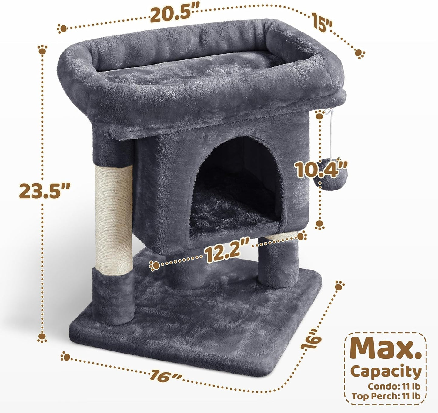 Yaheetech 23.5In Cat Tree – Sturdy & Stable, Space-Saving 3-Level Cat Tower with Plush Perch, Condo, Sisal Scratching Posts & Dangling Ball, Perfect for Apartments, Dark Gray