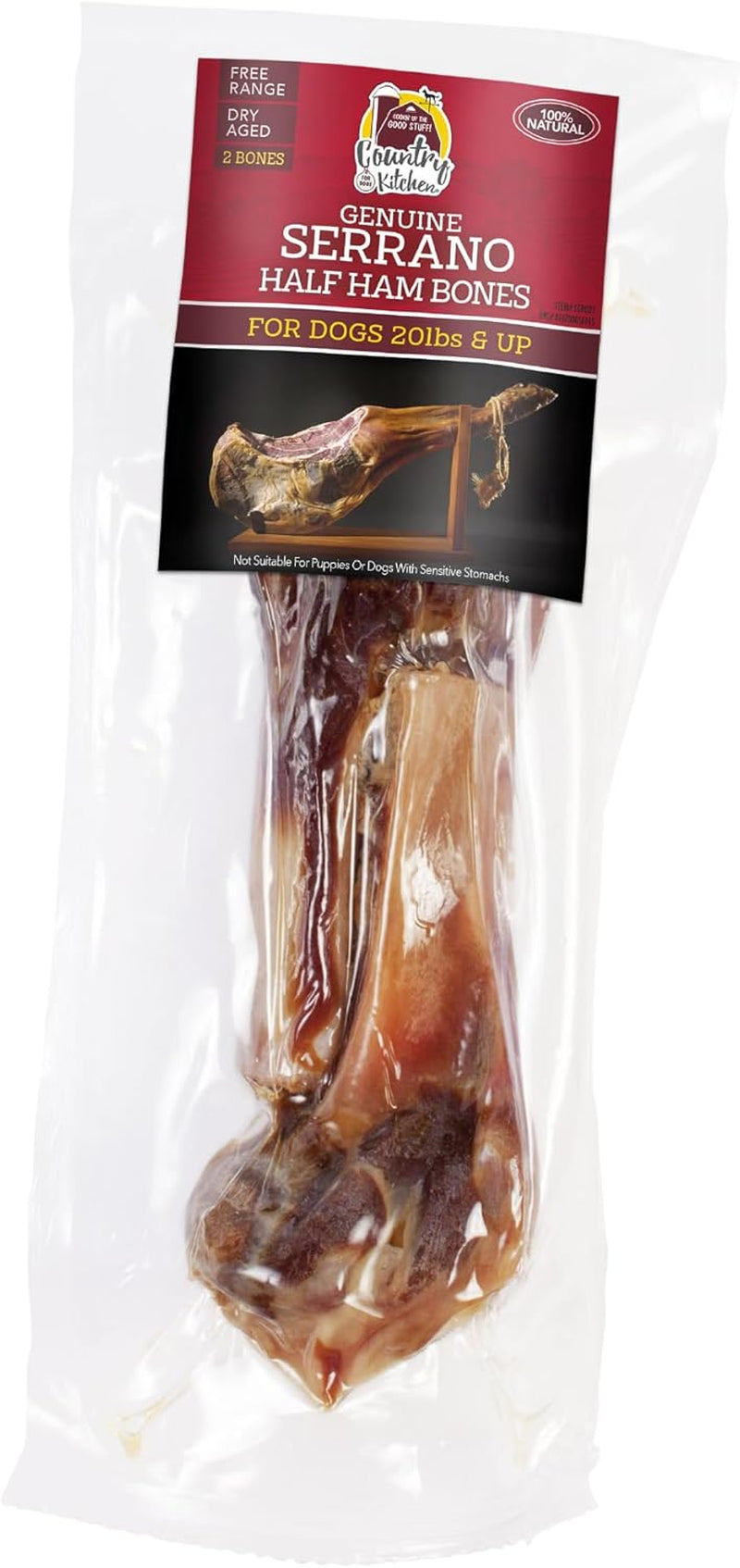 Country Kitchen Genuine Serrano Half Ham Bone, 100% Natural, Dry Aged, for Medium Sized Dogs, 20 Lbs and Up, 2 Bones, Pack of 1