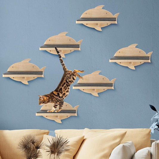 Lenwen 6 Set Cat Wall Shelves, Wood Cat Climbing Step, Wall Mounted,Fish