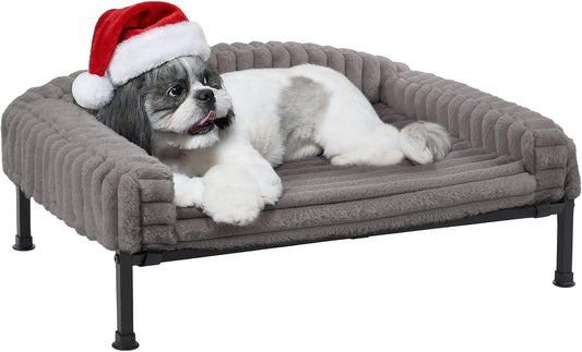Veehoo Elevated Dog Bed with Bolster Cushion, Fluffy Plush Dog Couch Beds for Small Dogs, Cats, Washable Raised Pet Cot with Non-Slip Feet for Indoor or Patios Use, 30 X 20 Inches, Grey