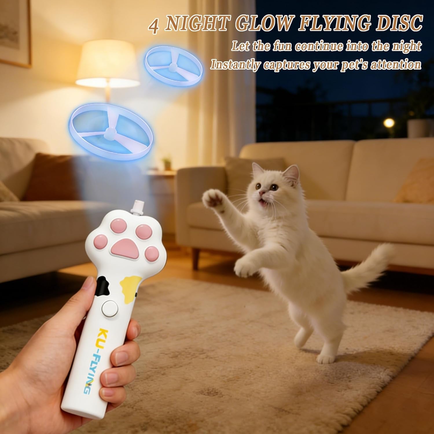Cat Fetch Toy Launcher,Flying Disc Launcher Toy Rechargeable with 10 Flying Discs,Flying Cat Toy Disc Launcher for Kitten Dog Playing Interactive Hunting Tracking Toys for Outdoor Indoor,White