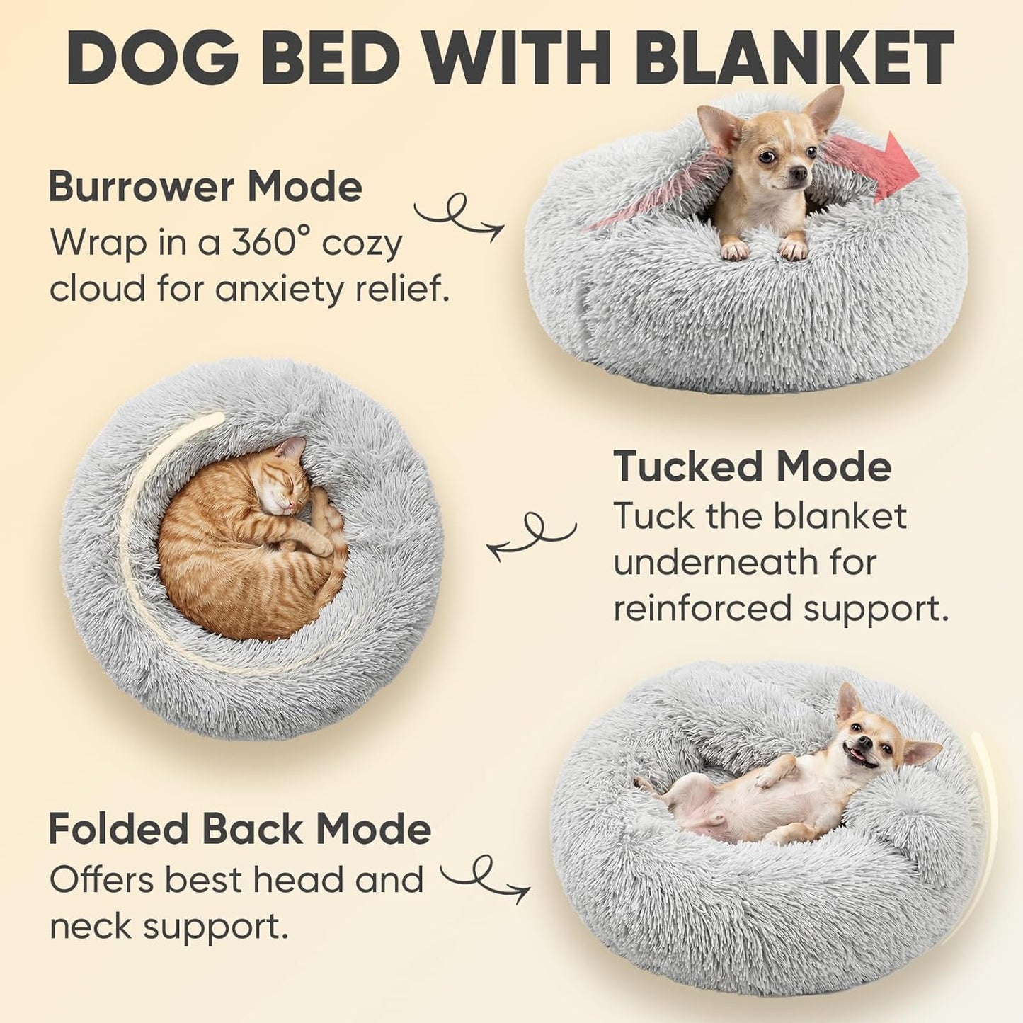 Himax Small Cat & Dog Bed with Cover, Calming Dog Bed for Small Dogs,Anti-Anxiety Donut Dog Bed with Attached Blanket,Washable round Fluffy Pet Bed (20"/26"/35")，Light Grey