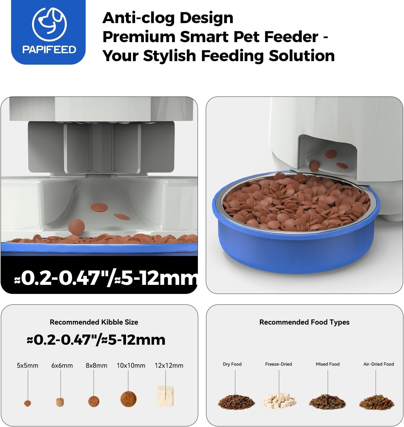 PAPIFEED Automatic Cat Feeder with App, 2.4G Wifi Cat Food Dispenser, 3L Timed Cat Feeders for Dry Food, 10 Meals/Day, 6 Portions/Meal, Dual Power Supply Smart Pet Feeder for Cat, Blue