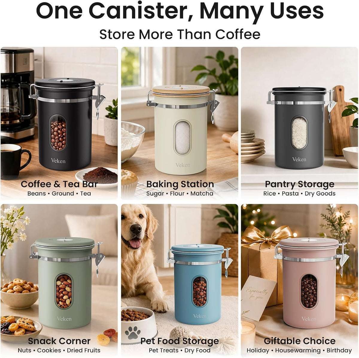 Veken Coffee Canister with Window, Airtight Stainless Steel Container, 22OZ