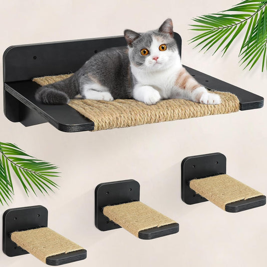 Cat Wall Shelves, 4-Piece Wall Mounted Cat Shelves with 3 Steps, Black