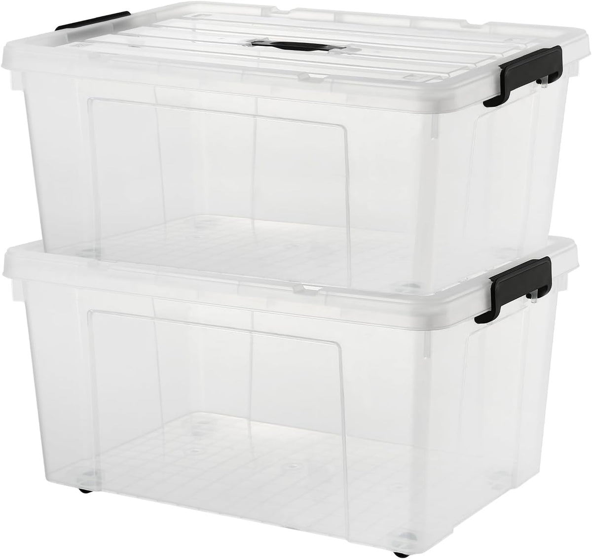 2 Packs 105 Quarts Heavy Duty Storage Bins with Lids Wheels, Plastic Storage Containers - Locking Lid, Stackable Clear Bins for Garage/Closet, Crush-Proof Design (2, 100L with Wheels)