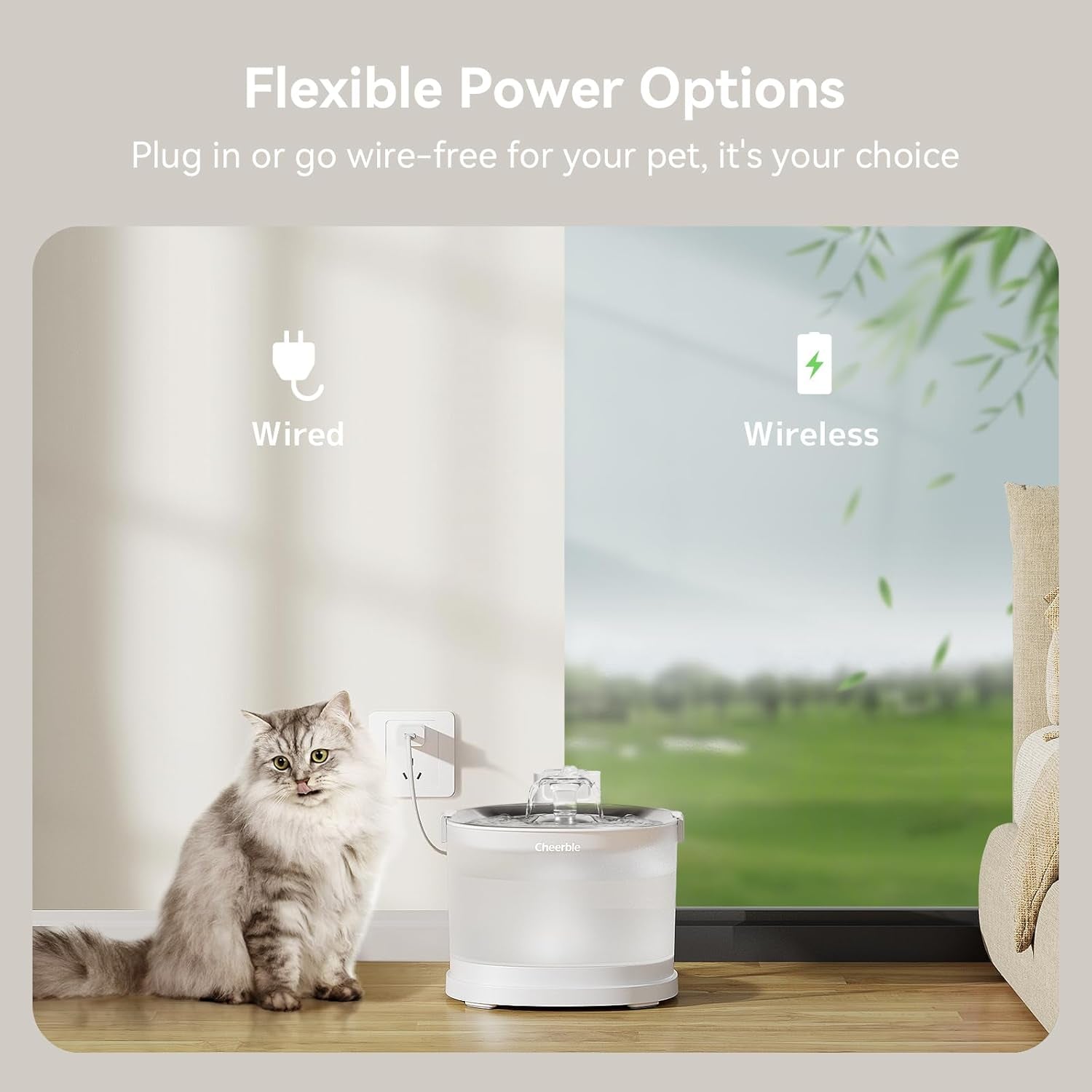 Cheerble Pumpless Cat Water Elfin Fountain, Wireless Pet Fountain Battery Operated, 2L/67Oz E1+ Automatic Water Dispenser Cats & Dogs Magdrive™ Technology Stainless Steel Tray, No Cleaning Hassle