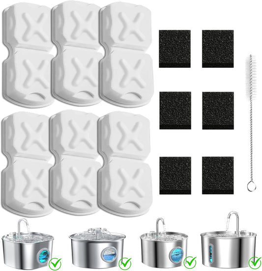 Cat Water Fountain Filter Kit-6 Filters, 6 Sponges & 1 Brush