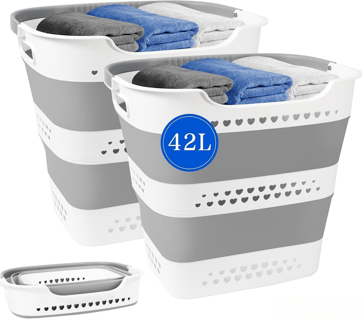 2Pcs 42L Collapsible Laundry Basket with Handle Foldable Laundry Hamper (Gery 17 Inch * 15 Inch * 14 Inch) Pop up Storage Container Organizer for Washing Storage