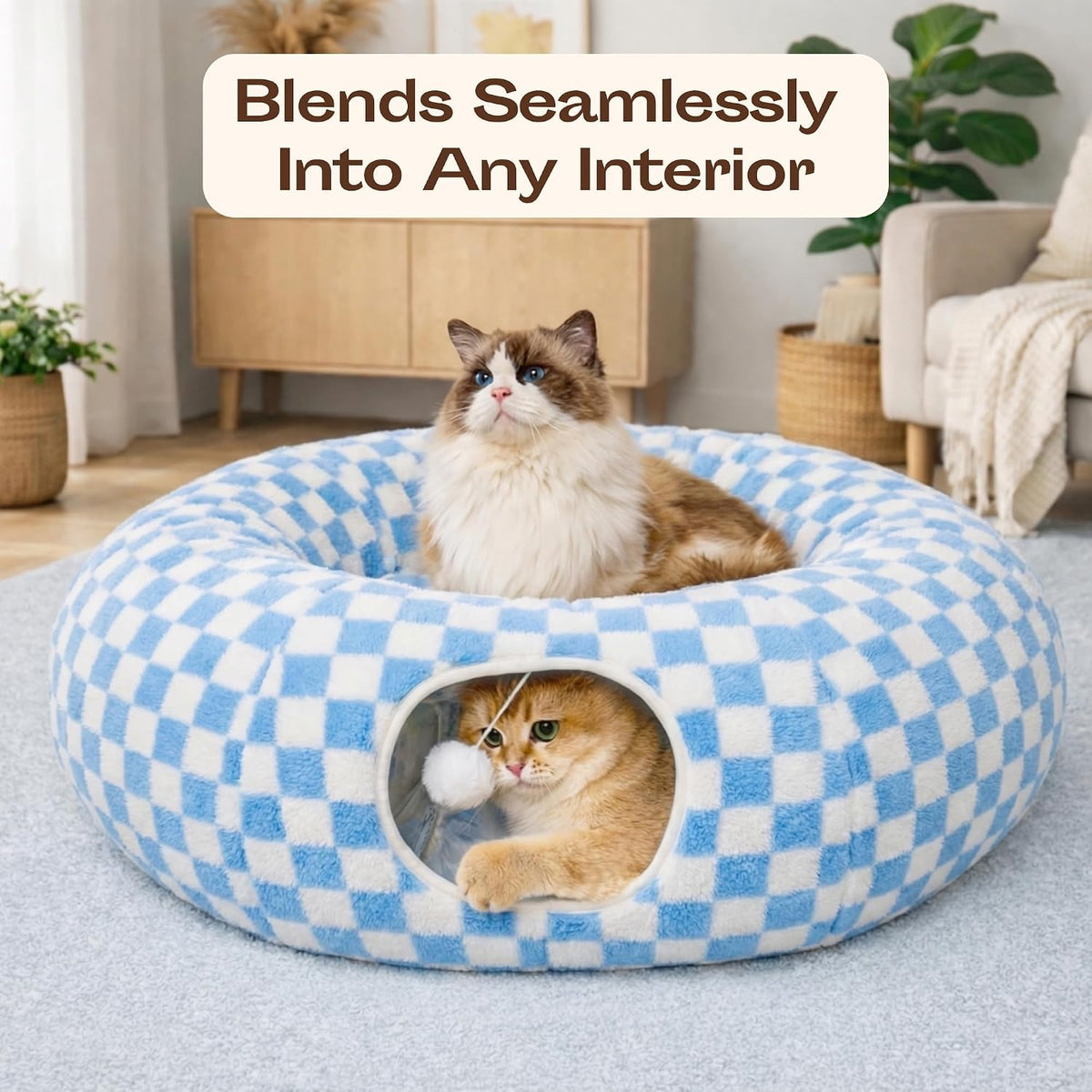 Meowfia Indoor Cat Tunnel with Donut Bed - Large Flexible Play Space for Multiple Pets - Circle or Snake Shape, Cozy Lounge (Azure Check)