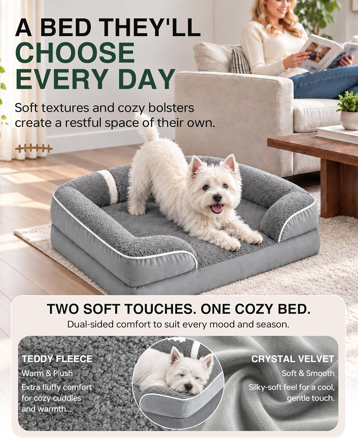 Orthopedic Dog Bed 28X22Inch,Egg Crate Foam Pet Bed with Removable Bolsters for Small Dogs & Cats up to 30Lbs,Fully Detachable Design& Non-Slip Bottom (Grey, Size M)