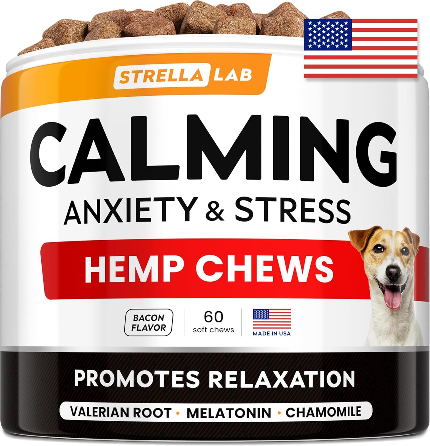 Advanced Calming Chews for Dogs - Hemp Chews and Melatonin - Anxiety Relief - Sleep Aid - Relaxing Treats - Stress Relief during Fireworks, Storms, Thunder, Barking - Made in USA - BBQ - 60Ct