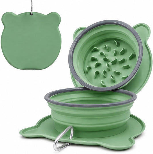 Collapsible Dog Bowls, 2-In-1 Silicone Pet Food and Water Bowl with Carabiner - Portable Double Compartment Travel Dish for Dogs, Ideal for Camping, Hiking, Car Rides, Puppy Essentials(Green)