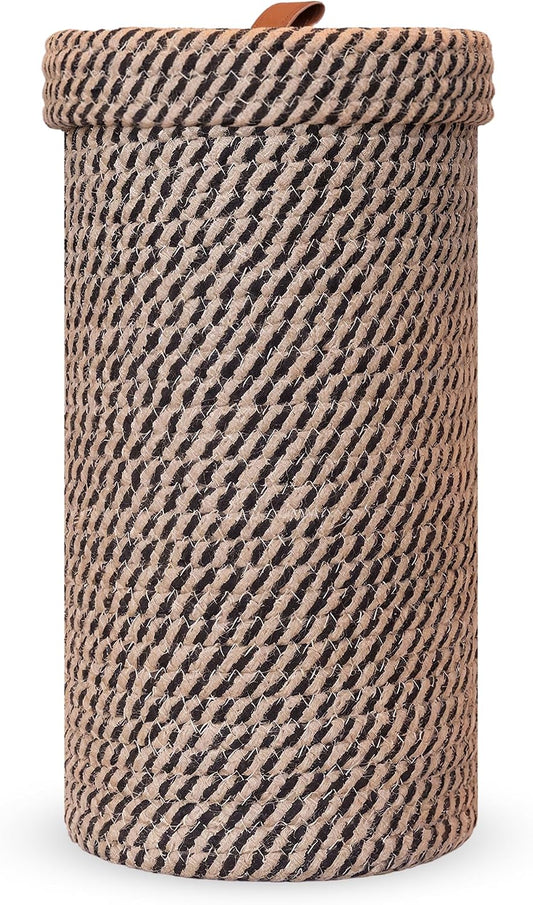 Handmade Cotton & Jute Toilet Paper Holder – Woven Toilet Paper Stand & Storage Basket with Lid, Freestanding Organizer for Bathroom, Fits 3 Mega Rolls 14" X 7''