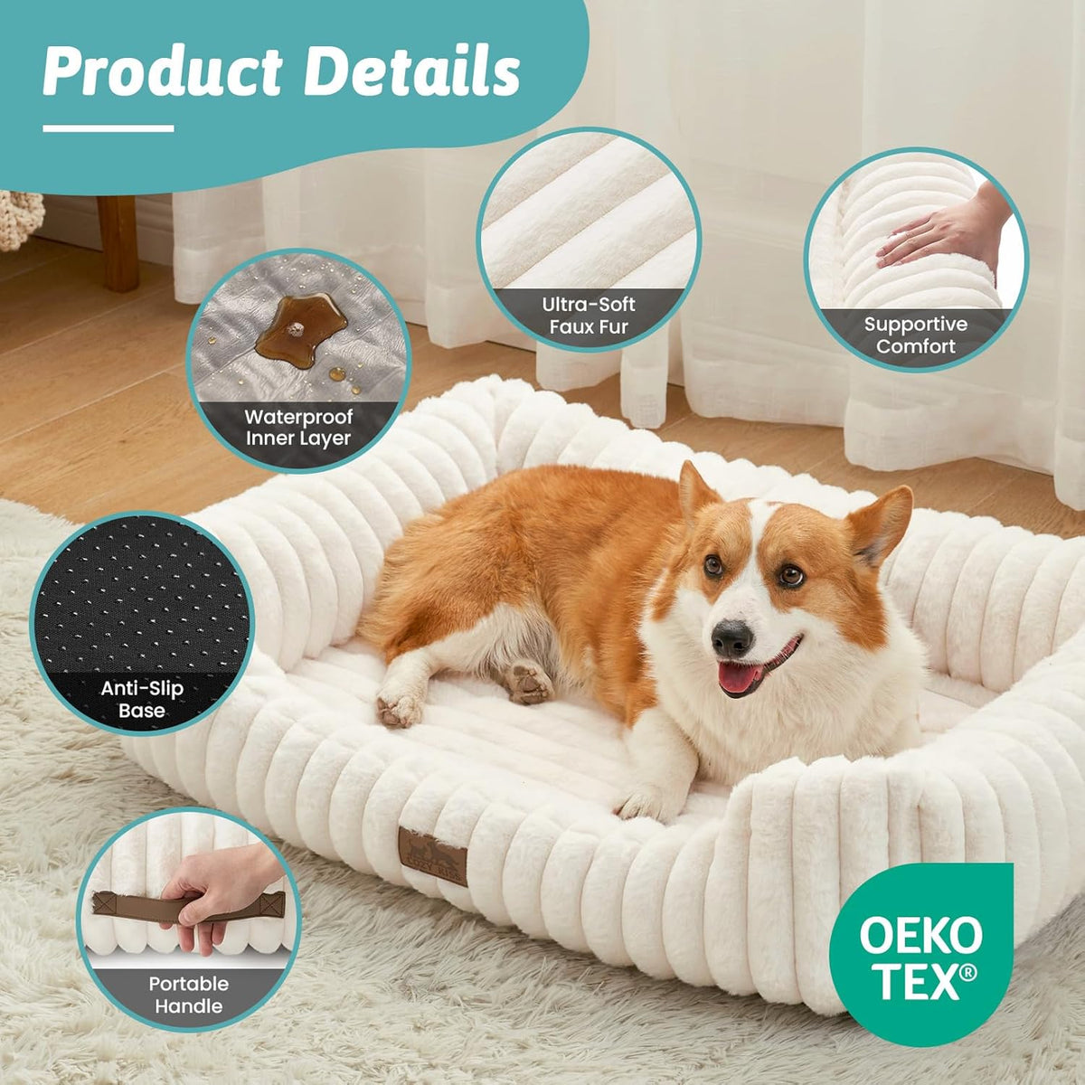 Orthopedic Dog Bed for Small Dogs & Cats - Washable Rectangle Pet Bed with Anti-Slip Bottom, Soft Calming Cat & Puppy Bed for Indoor Pets (25"X21"X6", Cream)