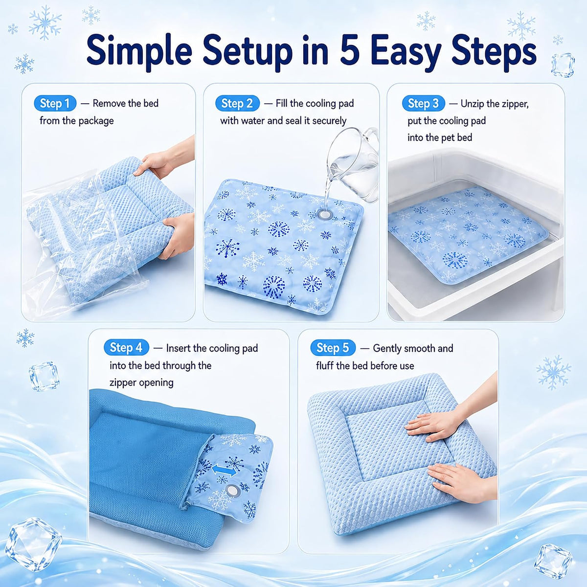 Cooling Pet Bed with Water-Fill Cooling Pad, Thick Breathable Pet Cooling Mat for Dogs & Cats, Washable Soft Cushion, Non-Toxic Summer Cooling Pad for Crate, Couch, Floor