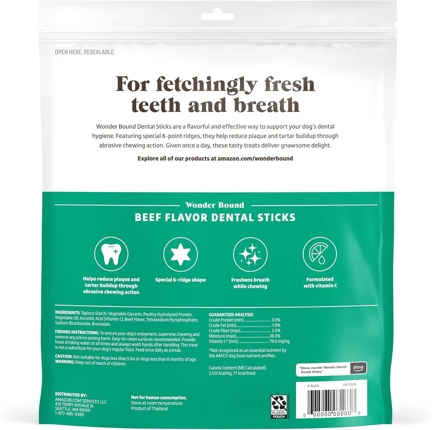 Amazon Brand - Wonder Bound Beef Flavor Dental Sticks for Large Dogs (Over 30 Lbs), 6-Ridge Shape for Plaque & Tartar Control, Freshens Breath, Formulated with Vitamin C, 40 Count (Pack of 1)