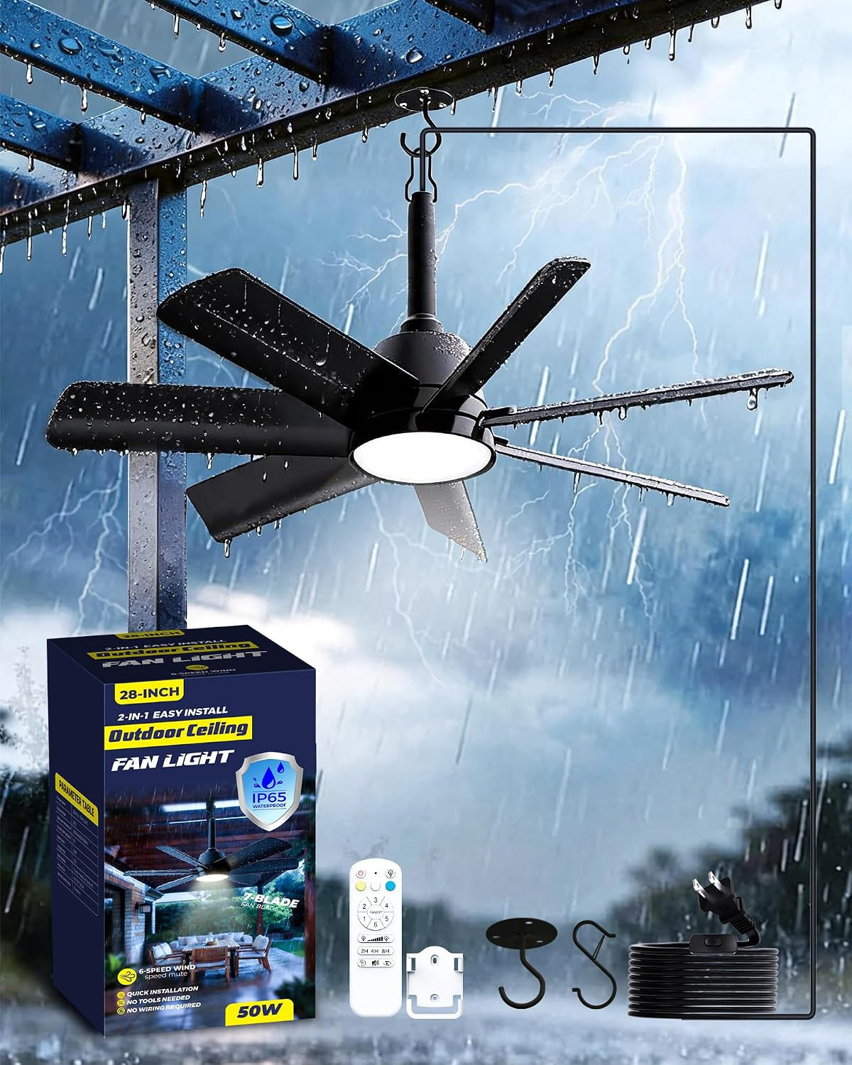 LANMEL Outdoor Gazebo Ceiling Fan with Light and Remote, 28 Inch, Black