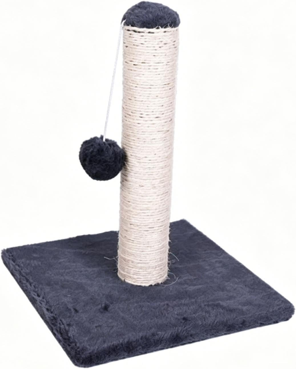 Cat Scratching Post, Natural Sisal Rope Scratcher with Hanging Plush Ball Toy, Grey Fluffy Base, Interactive Kitten Toy for Indoor Cats