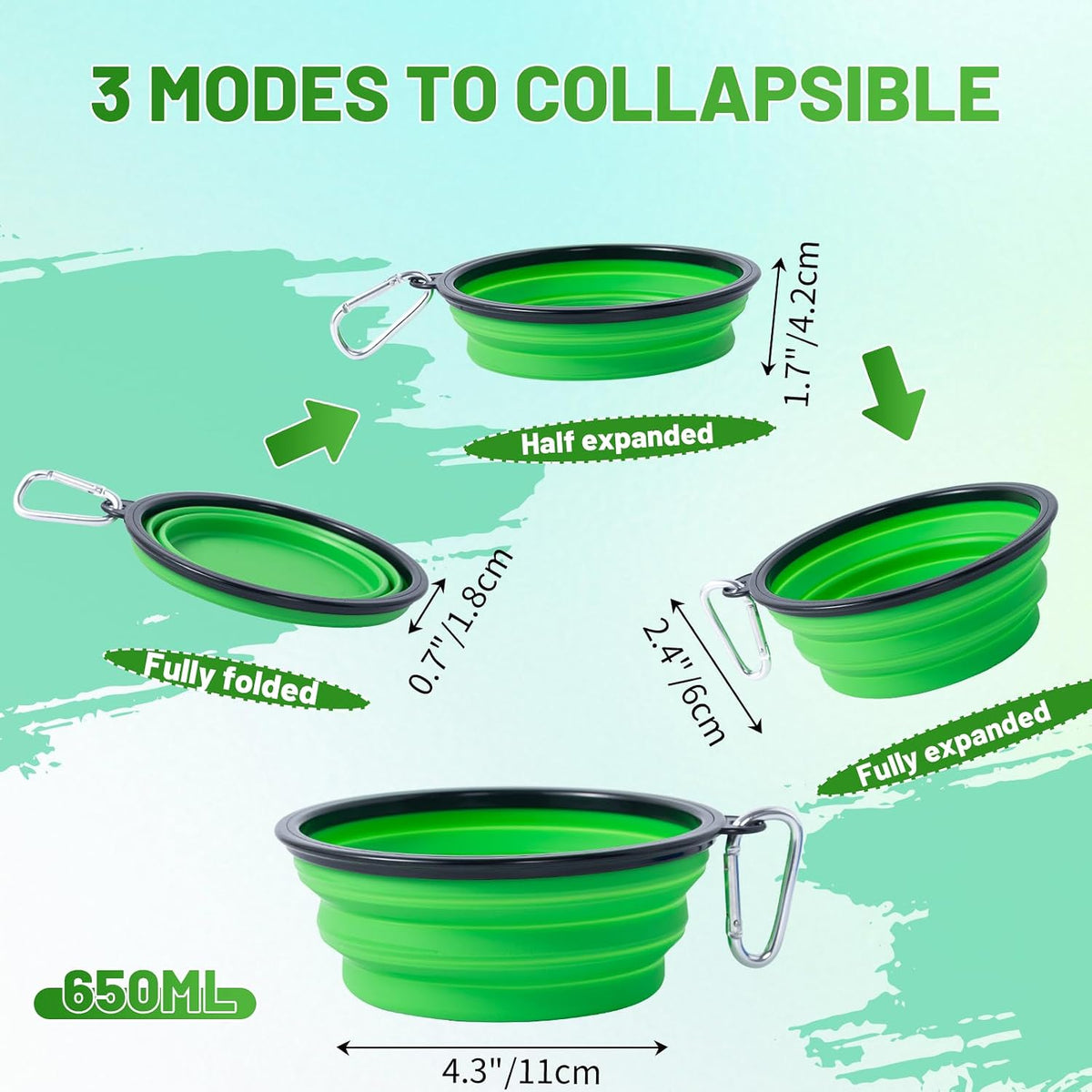 Dog Bowl Pet Collapsible Bowls, 2 Pack Collapsible Dog Water Bowls for Cats Dogs, Portable Pet Feeding Watering Dish for Walking Parking Traveling with 2 Carabiners (Blue+Green, Medium)