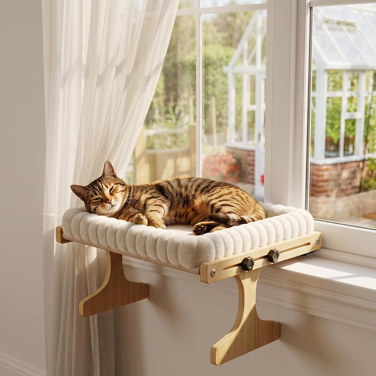 Cat Perch for Window Xiaz Cats Hammock Indoor for Small Medium Sized Cat Window Bed Adjustable Wooden Frame W/Soft Cushion Perfect for Bird Watching Sunbathing Space-Saving Easy Install Single Layer
