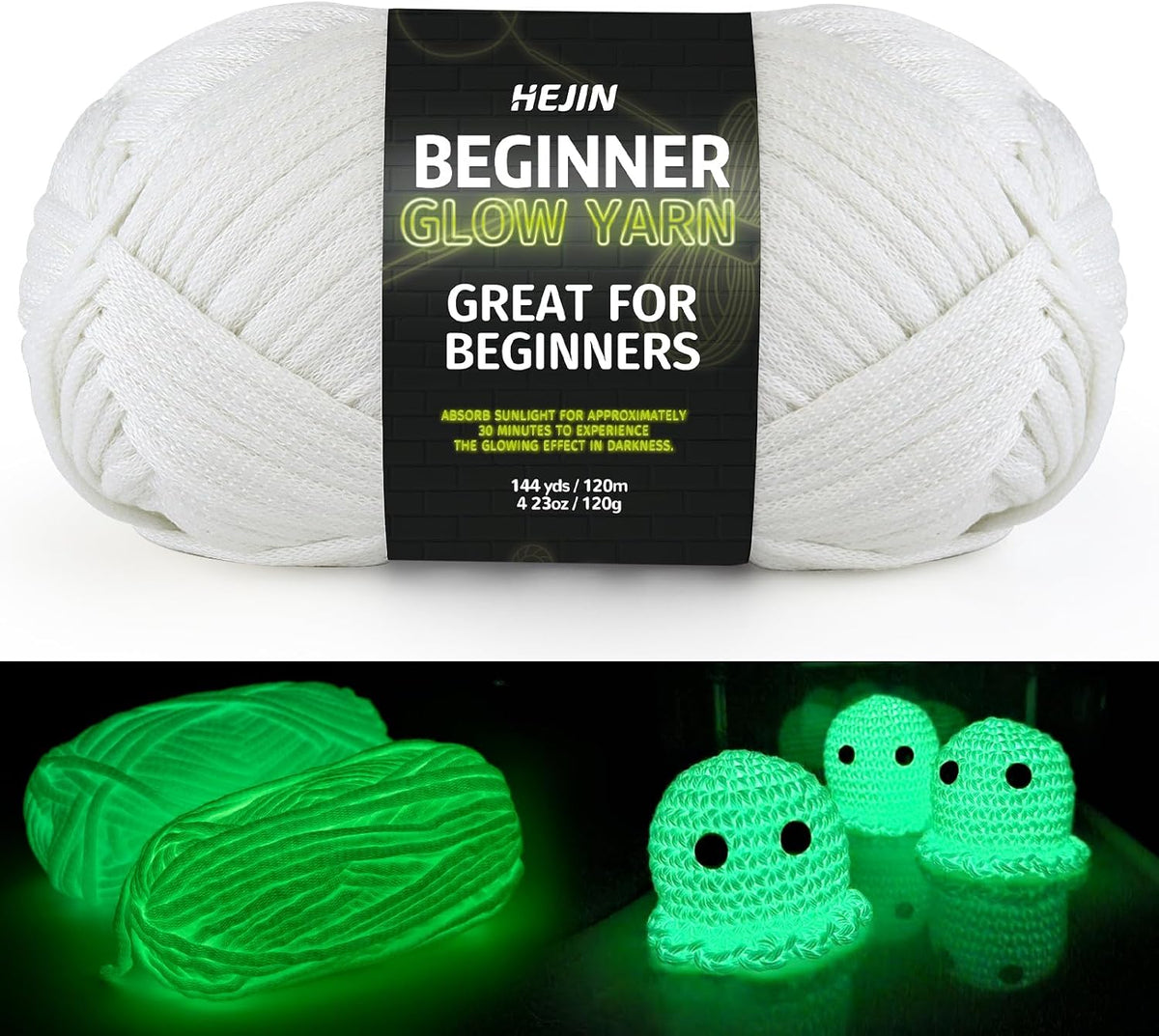 120G Glow in the Dark Yarn for Crocheting and Knitting; 120M(144Yds) Yarn for Beginners with Easy-To-See Stitches; Worsted-Weight Medium #4; Yarn for Beginners Crochet Kit Making
