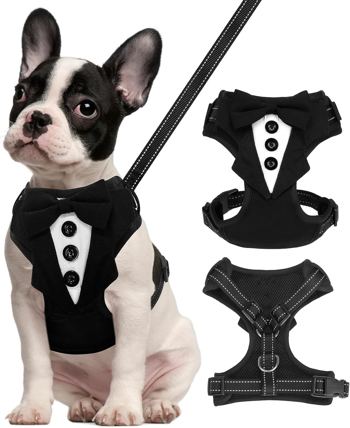 BINGPET Dog Tuxedo Harness for Small Medium Dogs, No Pull Dog Harness and Leash Set,Soft Padded Mesh Step-In Dog Vest Tux Costume for Wedding Outfit Birthday Party Holiday,Pet Formal Wear with Bowtie